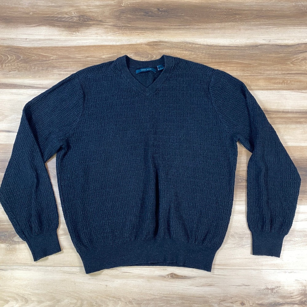 Perry Ellis Mens Navy Blue V-Neck Textured Knit Cotton Blend Sweater Large